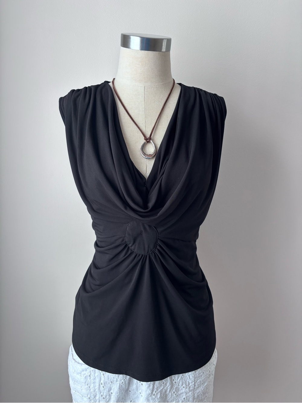 Chico's Black Sleeveless Cowl Neck Top with Gathered Waist Detail